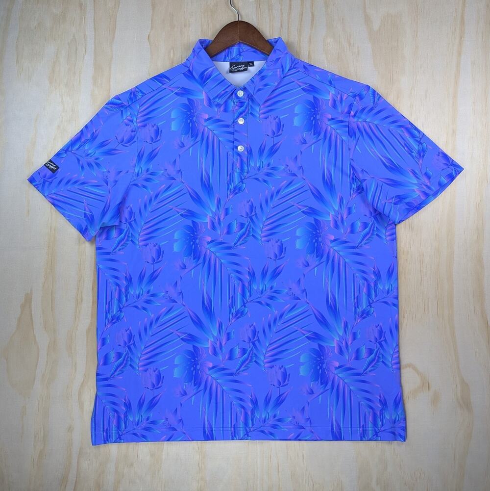Sunday Swagger Men's XL Golf Polo Shirt Blue Lagoon Tropical Palm Leaf Stretch